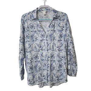 C&C California Womens Linen Shirt Roll-Tab Sleeve White Blue Tropical Size L